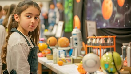 Poster - A young girl is standing in front of a table at a science fair display, A science fair display showcasing innovative projects created by young minds