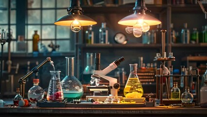 Poster - A table in a science lab is covered with numerous bottles filled with various liquids, A science lab with bubbling beakers and microscopes