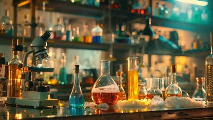 Poster - Lab filled with assorted colored liquids in beakers and flasks, showcasing a variety of scientific experiments, A science lab with bubbling beakers and microscopes