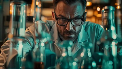 Poster - A man in a lab coat and glasses closely examines test tubes and equipment in a laboratory setting, A scientist surrounded by test tubes and equipment
