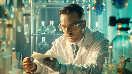 Poster - A man in white lab coat and glasses working with various equipment and test tubes in a laboratory setting, A scientist surrounded by test tubes and equipment