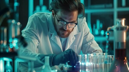 Poster - A man in a lab coat is experimenting with equipment and test tubes, A scientist surrounded by test tubes and equipment