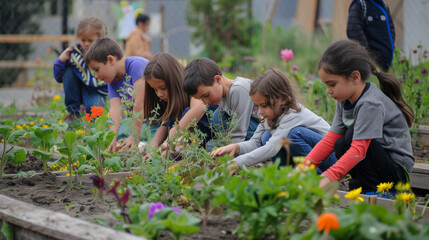 Sticker - mixed race children in elementary School age gardening in the community garden and enjoy the learning about agriculturagl