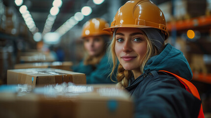 two employees mand and woman are packing orders in the warehouse, wearing safety helmets and warm coat