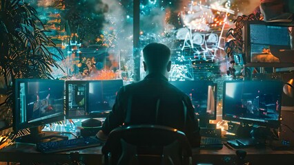 Poster - A person sits at a desk with two monitors, focused on work, A seamless integration of technology and creativity