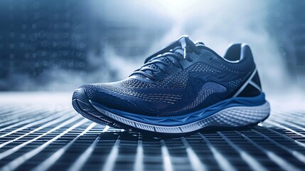 Poster - Bold navy blue running shoes with high-performance features, set against a sporty background
