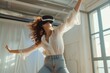 © MH - Confident woman dancing with immersive VR headset, A Confident Woman in the Digital Realm of Immersive VR, Experience the Joy of Dancing with Confidence in Immersive VR
