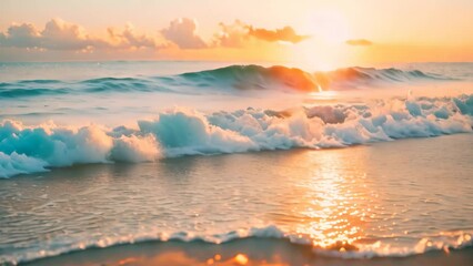 Wall Mural - The sun sets over the water at the beach as gentle waves lap the shore, A serene beach at sunset, with gentle waves lapping against the shore