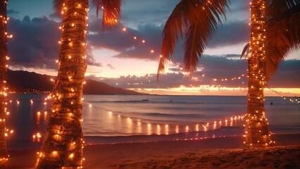 Wall Mural - Two palm trees standing tall on the sandy beach, under the warm sunset light, A serene beach at sunset, with palm trees decorated with twinkling holiday lights