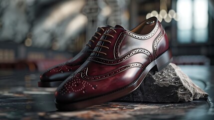 Poster - Luxurious maroon dress shoes with fine leather, showcased in an upscale environment