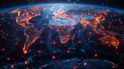 Glowing world map network of connections, linking cities across continents. Concept of global communication, technology, interconnectedness.