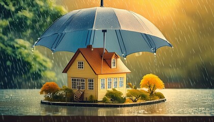 Wall Mural - Home Insurance Concept. The House under umbrella. Protection from rain symbolizes the coverage offered by the insurance company