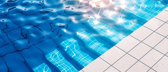 Wall Mural -  Sunlit swimming pool with shimmering blue water and tiled poolside. Summer relaxation and leisure concept.