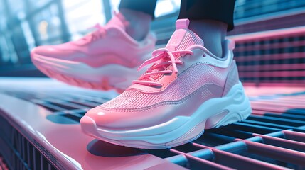 Poster - Trendy pink sneakers with a dynamic , placed on a sleek metal surface