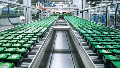 Mass production assembly line of electric vehicle battery cells close-up view