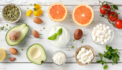 Wall Mural - Different fresh products on white wooden table, flat lay. Sources of essential amino acids