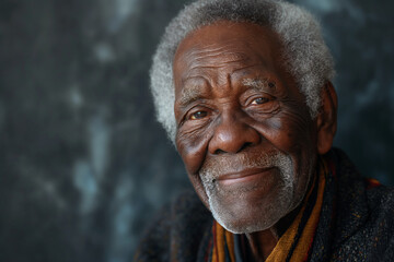 Poster - Portrait of a smiling elderly black man against textured dark grey background with copyspace for ads