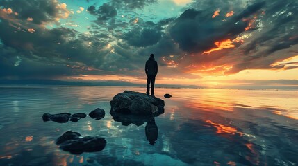 Wall Mural - Solitary Figure Standing on a Rock at Sunset Over a Calm Ocean