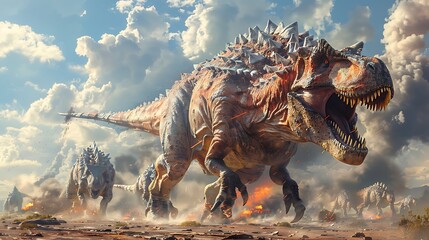 group of Allosaurus fighting over a carcass in a barren wasteland