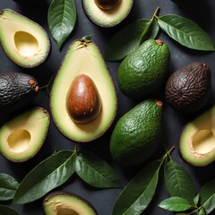 Wall Mural - Avocado on dark background. Eating healthy fats and fiber. Top view