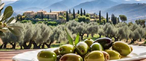 Wall Mural - Olive oil and delicious olives on background of picturesque olive grove and mountain village.