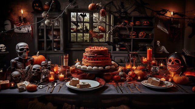 Table set for a Halloween feast with themed dishes, spooky decorations, and a centerpiece of a haunted gingerbread house