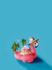 Wall Mural - Summer vacation concept. Pink flamingo with palm trees and accessories on blue background with copy space. 3D Rendering, 3D Illustration