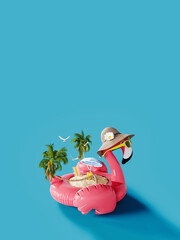 Canvas Print - Summer vacation concept. Pink flamingo with palm trees and accessories on blue background with copy space. 3D Rendering, 3D Illustration