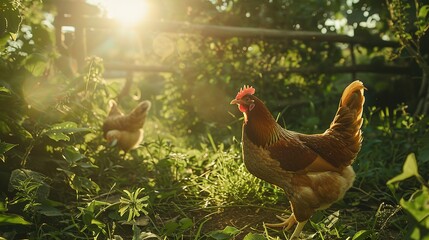 Chicken farm. A chicken eats feed and grain at an eco-friendly free-range chicken farm. Free range chicken farm and sustainable agriculture poultry farming concept.