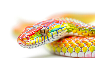 Wall Mural - Vibrant rainbow snake, scales glistening, white background.