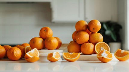 Canvas Print - Oranges atop a pristine white counter, adjacent to a mound of additional oranges