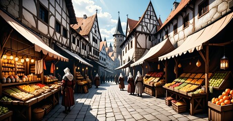 medieval market shopping district outdoors. blacksmith forge master. vendor stalls with produce and products. building exterior castle palace.	