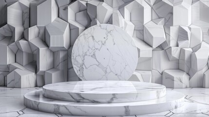 Aufkleber - A polished marble platform stands in a room with geometric, white stone walls, under bright lighting. The design evokes modern luxury and architectural sophistication.