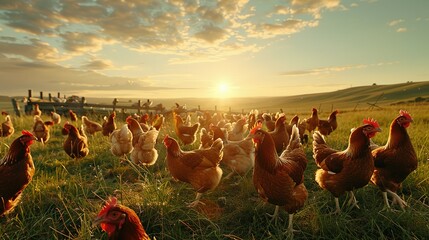 Chicken farm. A chicken eats feed and grain at an eco-friendly free-range chicken farm. Free range chicken farm and sustainable agriculture poultry farming concept.