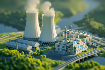 Wall Mural - A nuclear power plant with towering cooling towers emitting steam, set against a clear blue sky, symbolizes advanced technology and energy production while highlighting environmental considerations an