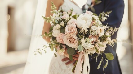 Wall Mural - wedding photography, bridal bouquet, roses, wedding utensils, holding hands, love, 16:9