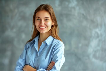 charismatic and selfassured young businesswoman in blue shirt smiling at camera with arms crossed