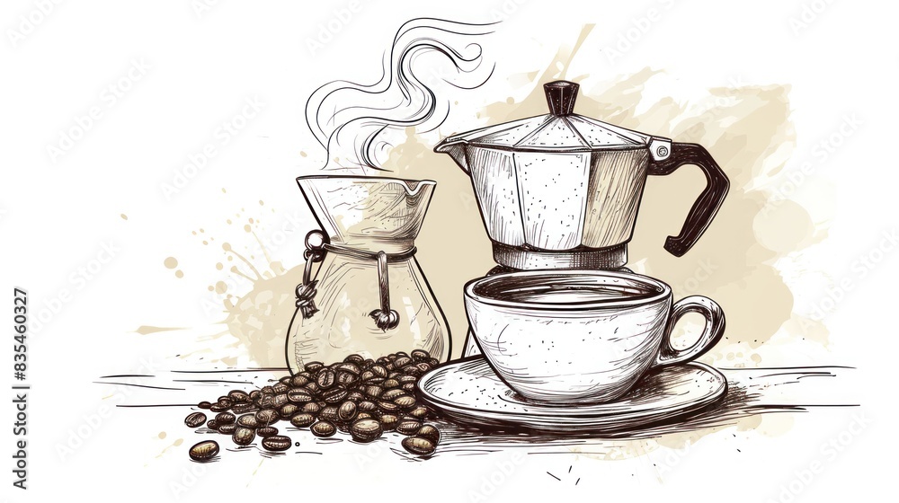 Hand drawing sketch of coffee drinks on plain background. Stock Photo ...