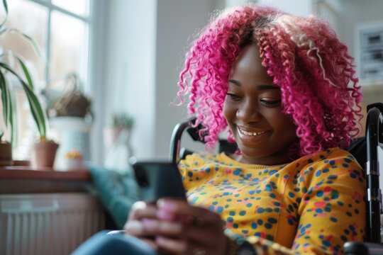 A woman with vibrant pink hair is focused on her smartphone, indicating connectivity and modern life