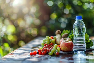 Image of fresh fruits and a bottle of water on a wooden table with bokeh background in a natural setting