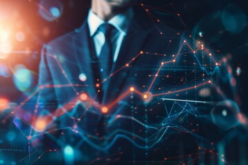 Poster - An image featuring a man in a suit with glowing network and data graphics superimposed Concept of technology and business