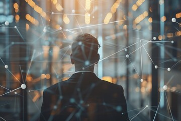 Poster - A suited man’s back with a focus on a bright, interconnected network implying concepts like connectivity and corporate strategy