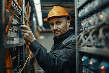 Poster - Technical worker with hard hat inspecting server equipment in a data center with complex wiring