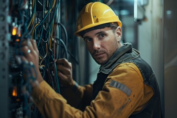 Poster - A technical worker wearing a yellow hard hat is examining or organizing cables in a datacenter or server room