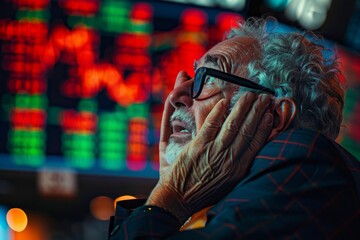 Poster - Elderly investor with hand on chin looking at stock market boards with blurred face Market data in the background