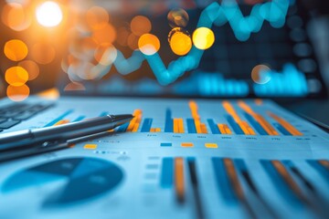 Poster - Paper charts with graphs and a pen indicating business analysis Bokeh and keyboard in the background