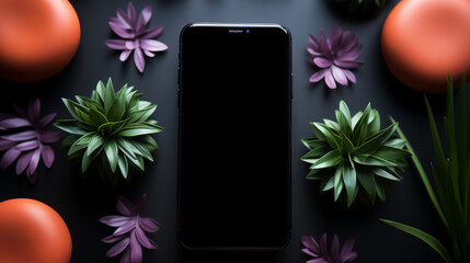 A modern smartphone on a black background, surrounded by purple flowers and greenery.