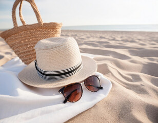 Wall Mural - A woman straw tote bag,  straw hat and sunglasses on towel on the sandy beach