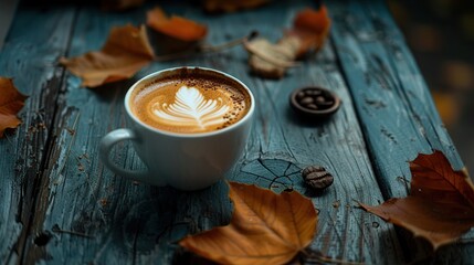 Poster - A cup of coffee lattee on the table. stilllife darkmood with autumn concept. Generative Ai