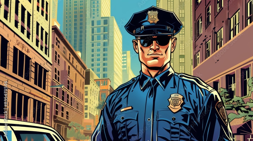 Library Police Comic Vector illustration of police officer patrolling street. Comic book ...